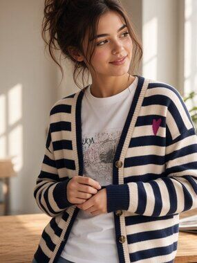 LOFT Navy Cream Striped Cardigan Sweater Pink Heart Graphic Size M